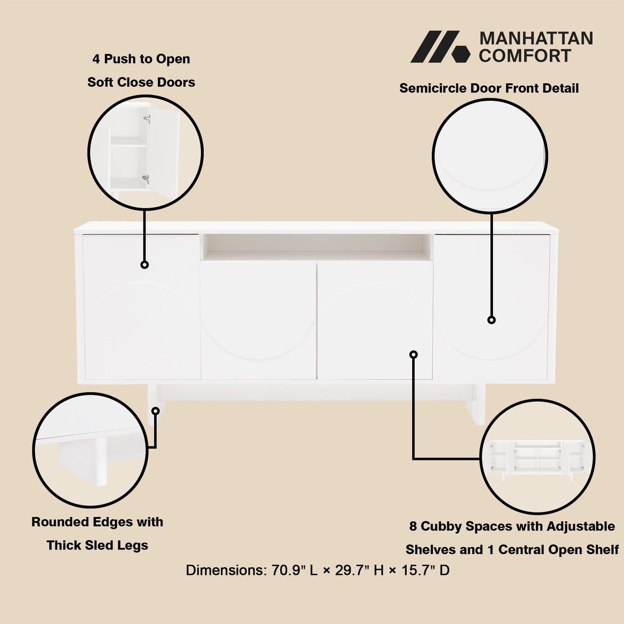 Ella 70.86" Sideboard in White by Manhattan Comfort at Eve Furniture