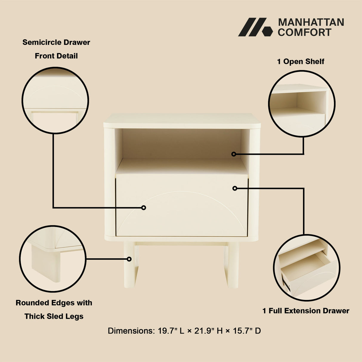 Ella Nightstand in Cream by Manhattan Comfort at Eve Furniture