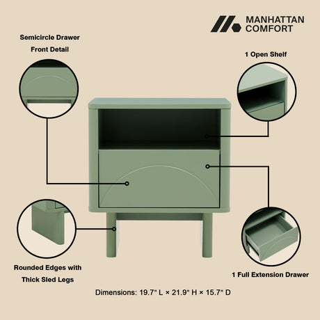 Ella Nightstand in Sage Green by Manhattan Comfort at Eve Furniture