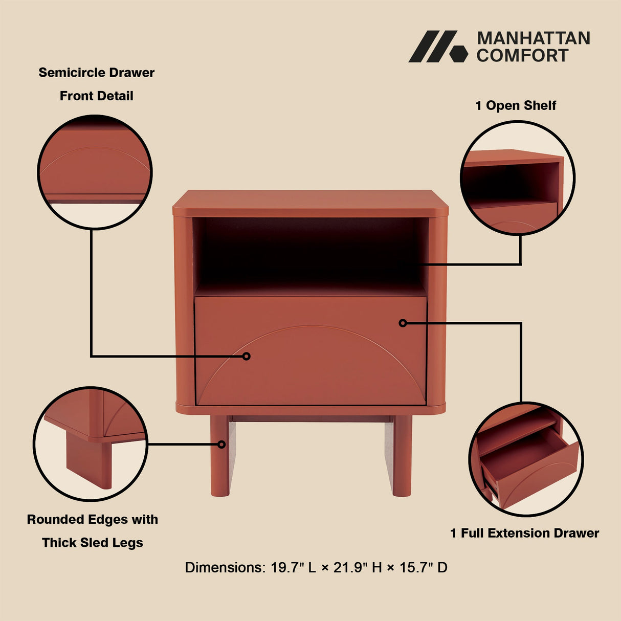 Ella Nightstand in Terracotta by Manhattan Comfort at Eve Furniture