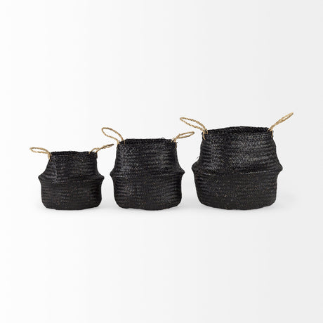 Ella (Set of 3) Black Seagrass Basket W/ Light Brown Handles by Mercana at Eve Furniture