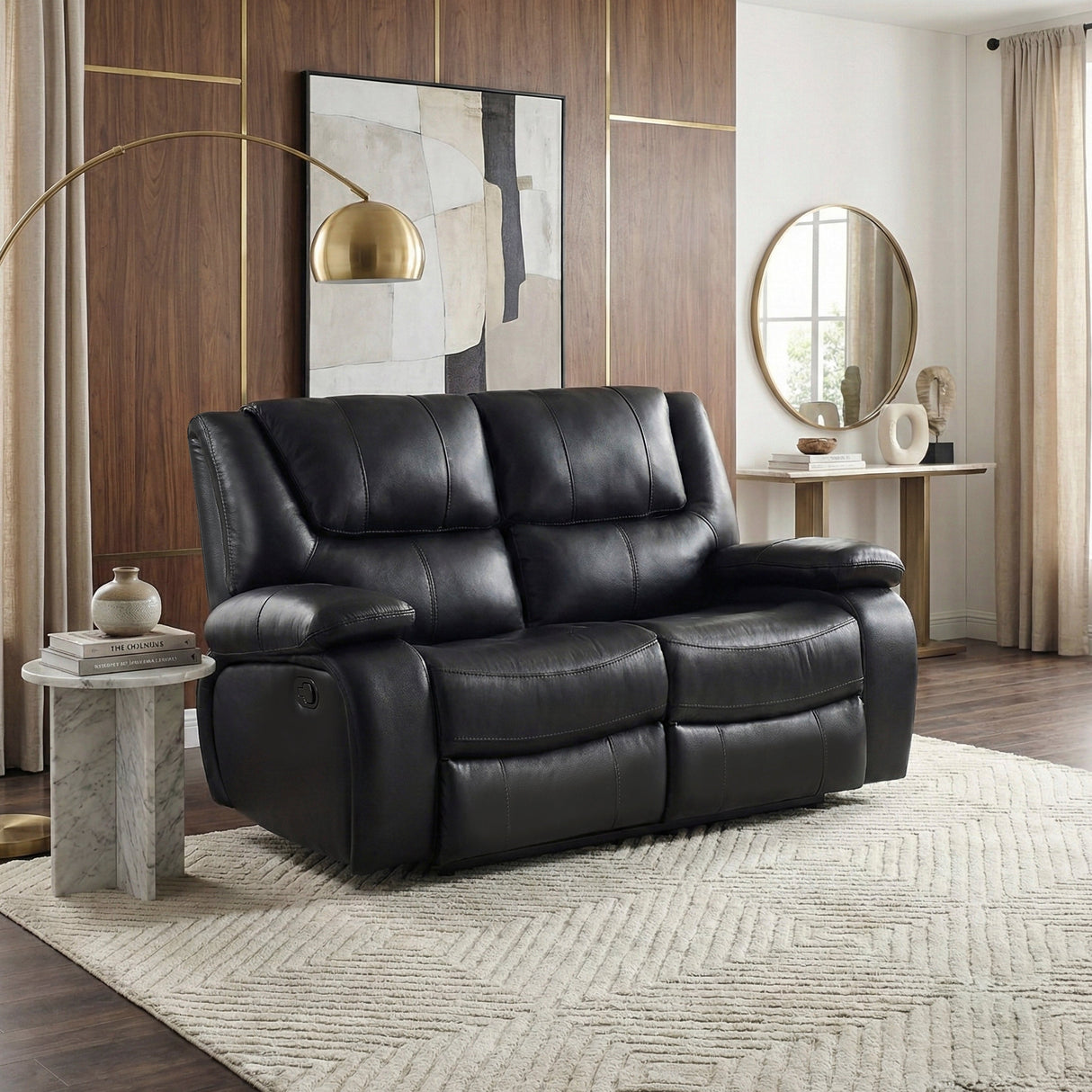 Ellicott Black Genuine Leather Double Reclining Love Seat by Homelegance at Eve Furniture