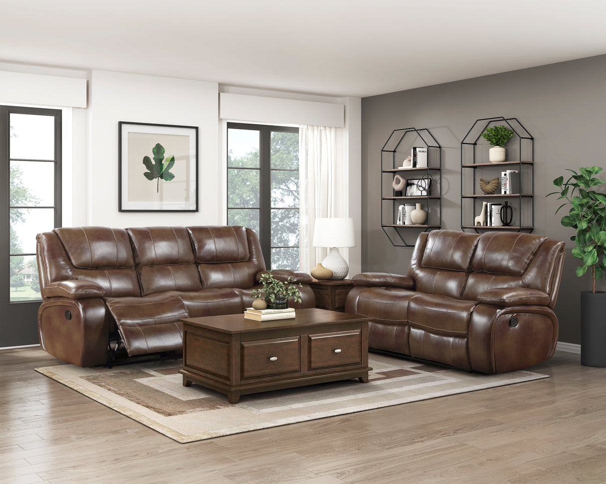 Ellicott Brown Leather Double Reclining Loveseat by Homelegance at Eve Furniture