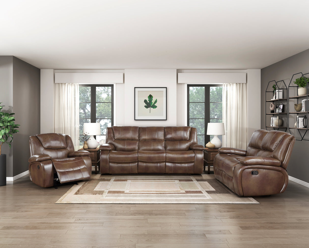 Ellicott Brown Leather Double Reclining Loveseat by Homelegance at Eve Furniture