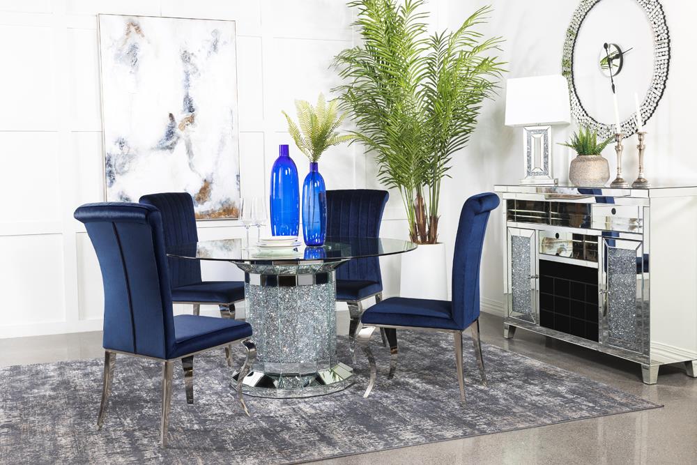 Ellie Mirror/Ink Blue 5-Piece Cylinder Pedestal Dining Set