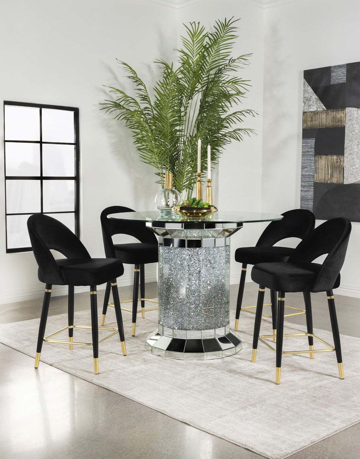 Ellie Mirror/Black 5-Piece Pedestal Counter Height Dining Set