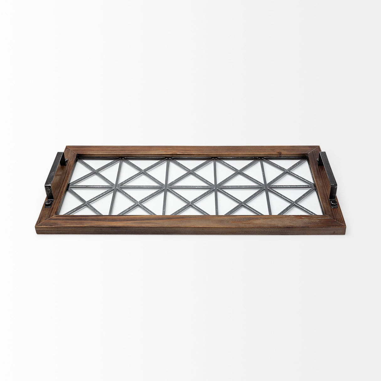 Ellingson 28L x 13W Black Rectangular Metal Glass Wood Bottom Tray by Mercana at Eve Furniture