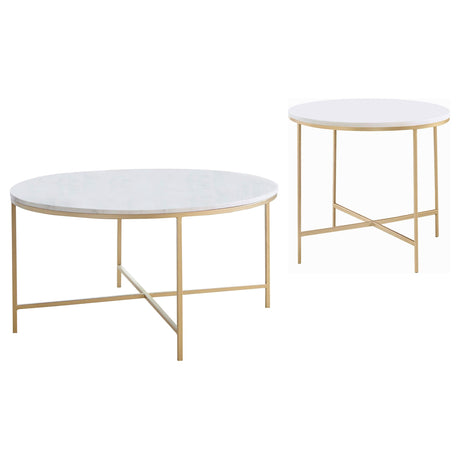 Ellison White and Gold 2-Piece Round Marble Coffee and End Table Set by Coaster at Eve Furniture