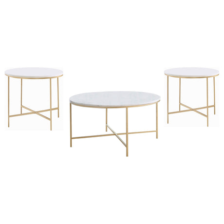 Ellison White and Gold 3-Piece Round Marble Coffee and End Table Set by Coaster at Eve Furniture