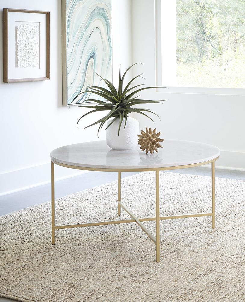 Ellison White/Gold Round X-cross Coffee Table by Coaster at Eve Furniture