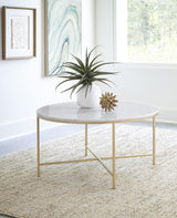 Ellison White/Gold Round X-cross Coffee Table by Coaster at Eve Furniture