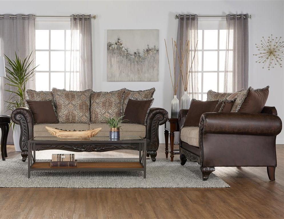 Elmbrook 2-piece Upholstered Rolled Arm Sofa Set with Intricate Wood Carvings Brown