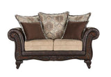 Elmbrook Brown Upholstered Rolled Arm Loveseat with Intricate Wood Carvings by Coaster at Eve Furniture