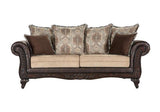 Elmbrook Brown Upholstered Rolled Arm Sofa with Intricate Wood Carvings by Coaster at Eve Furniture