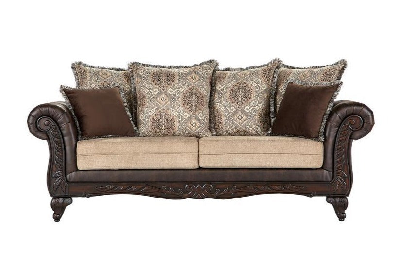 Elmbrook Upholstered Rolled Arm Sofa with Intricate Wood Carvings Brown