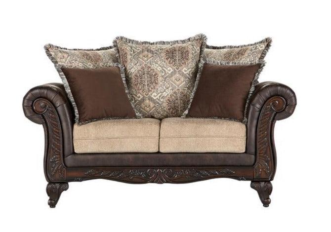 Elmbrook Brown Upholstered Rolled Arm Loveseat with Intricate Wood Carvings by Coaster at Eve Furniture