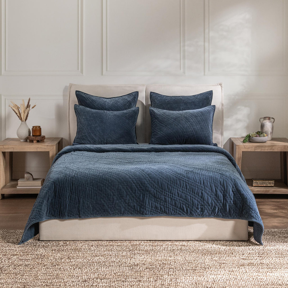 Elms Crisp Blue Velvet Quilt Collection by Classic Home at Eve Furniture