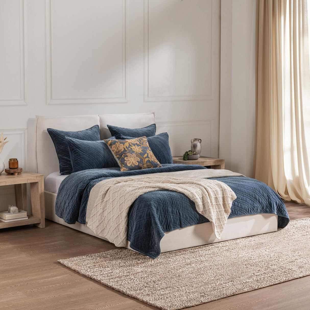 Elms Crisp Blue Velvet Quilt Collection by Classic Home at Eve Furniture