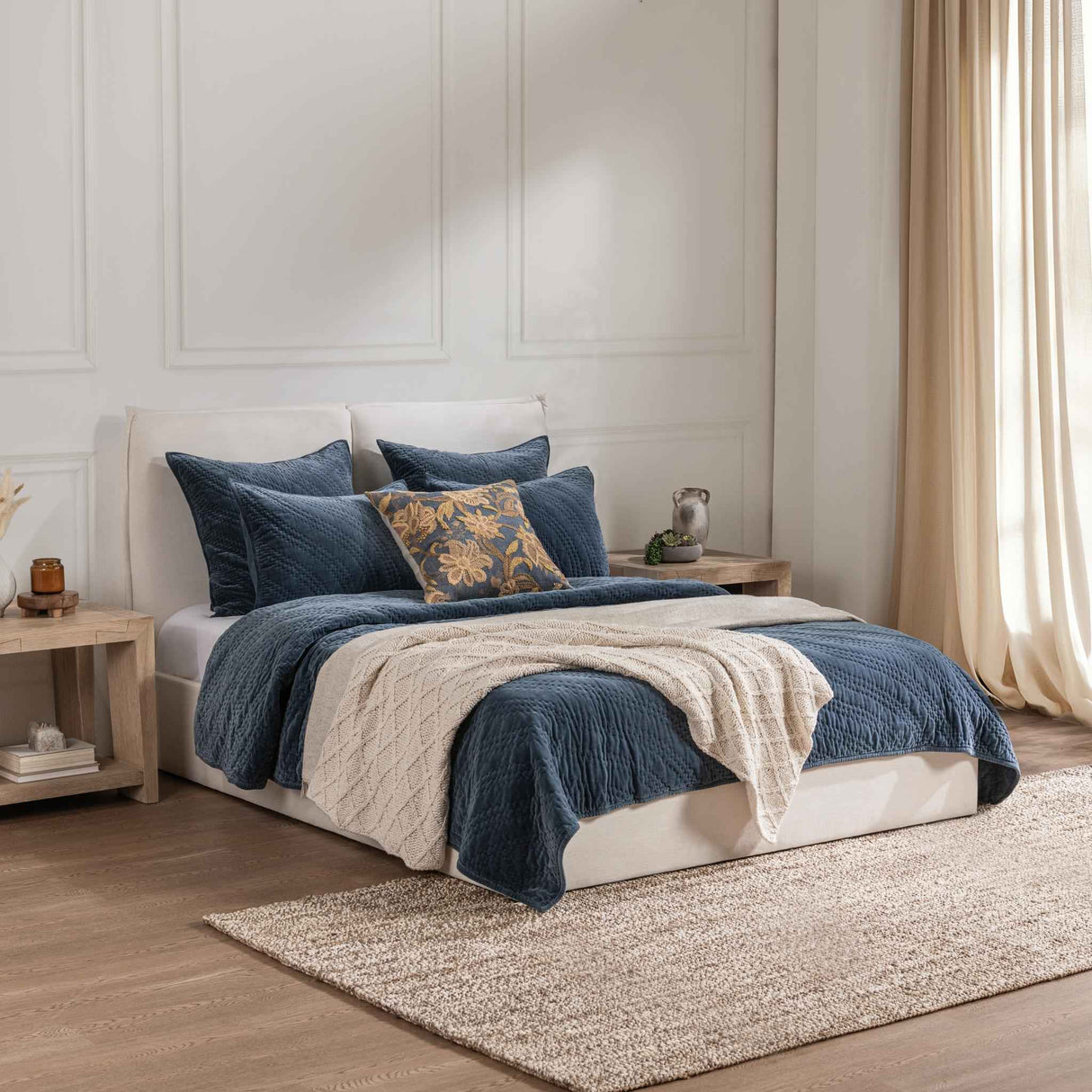 Elms Crisp Blue Velvet Quilt Collection by Classic Home at Eve Furniture