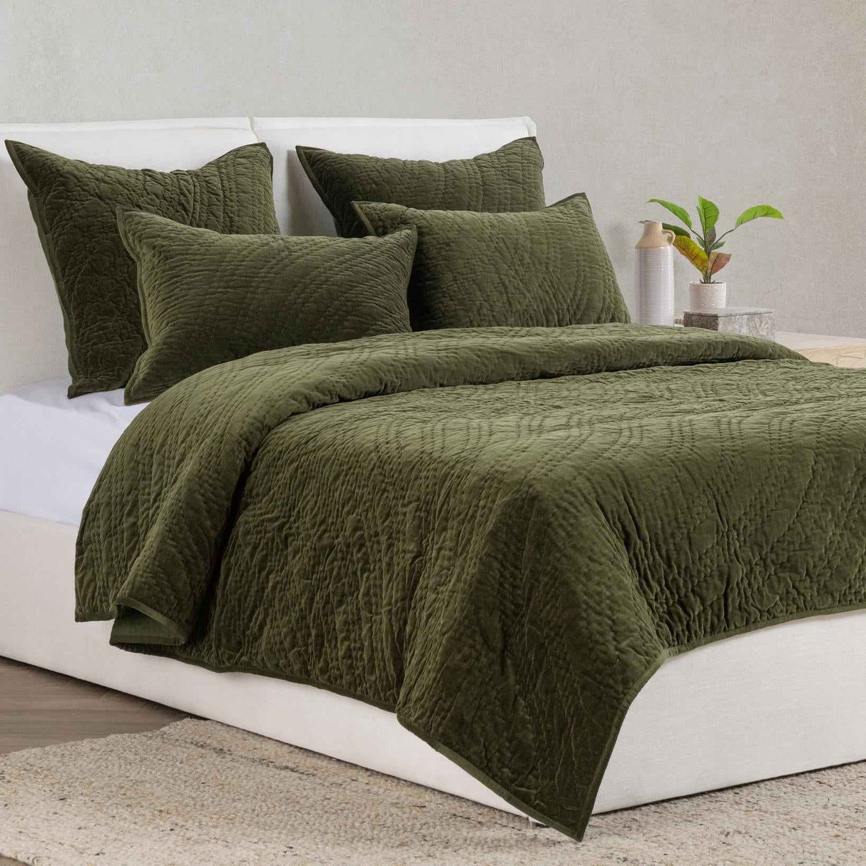 Elms Loden Green Velvet Quilt Collection by Classic Home at Eve Furniture
