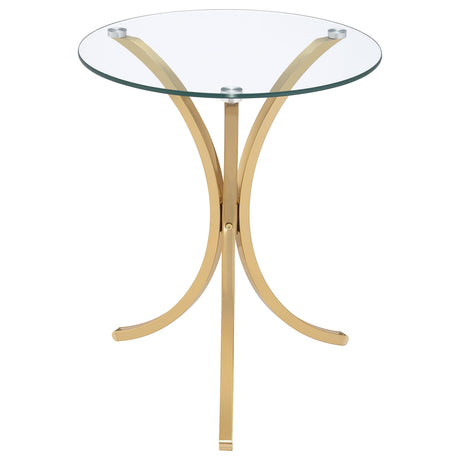 Eloise Gold Round Glass Top Curved Metal Side Table by Coaster at Eve Furniture