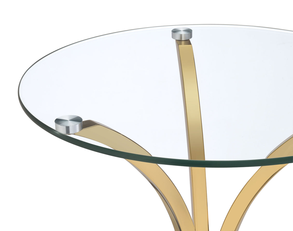 Eloise Gold Round Glass Top Curved Metal Side Table by Coaster at Eve Furniture
