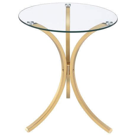 Eloise Gold Round Glass Top Curved Metal Side Table by Coaster at Eve Furniture