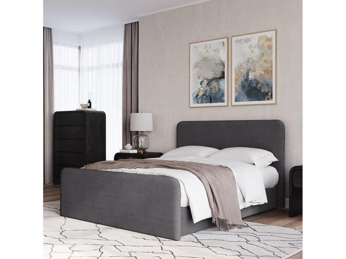 Elora Fully Upholstered Queen Platform Bed in Charcoal Velvet by Modus Furniture at Eve Furniture