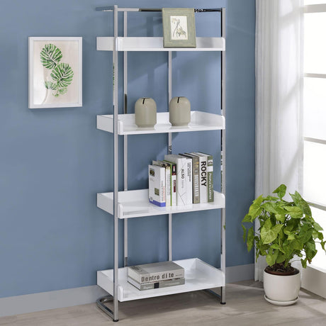 Ember White High Gloss/Chrome 4-Shelf Bookcase by Coaster at Eve Furniture