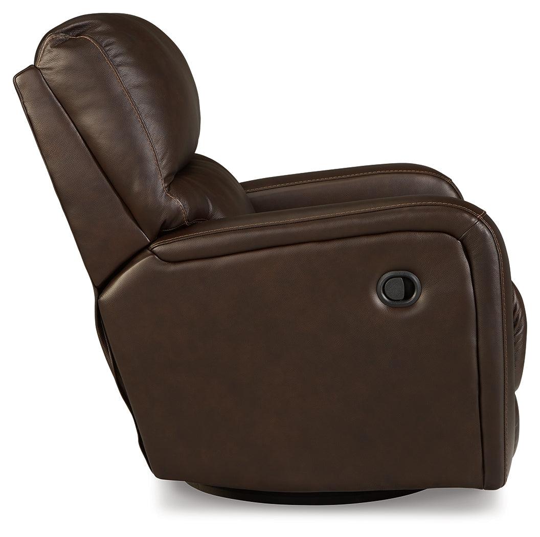 Emberla Coffee Swivel Glider Recliner by Ashley at Eve Furniture