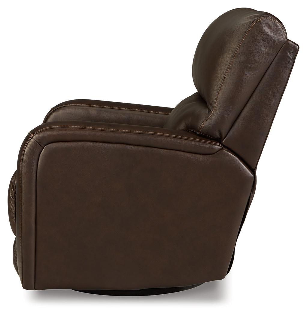 Emberla Coffee Swivel Glider Recliner by Ashley at Eve Furniture