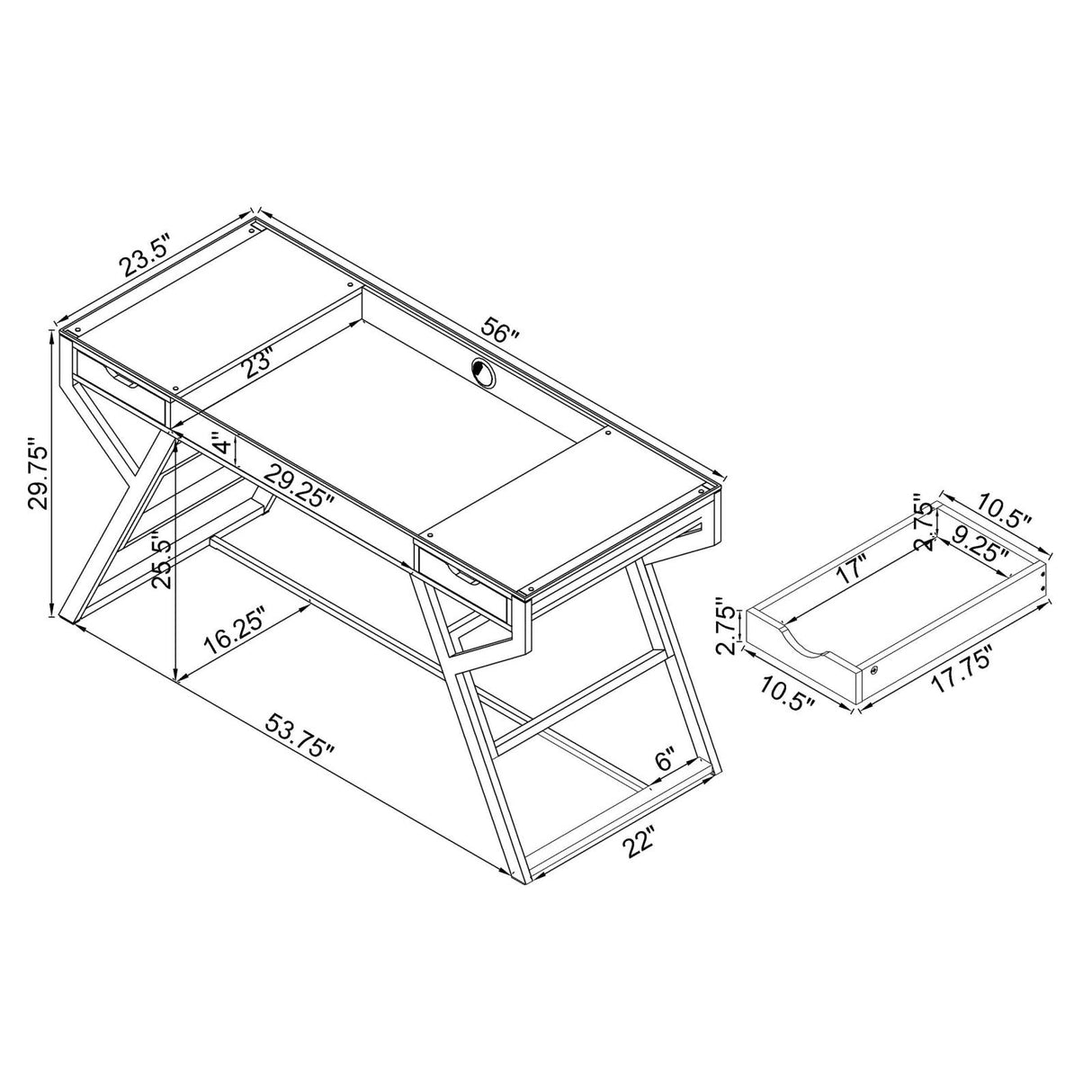 Emelle Gray Driftwood/Chrome 2-Drawer Glass Top Writing Desk