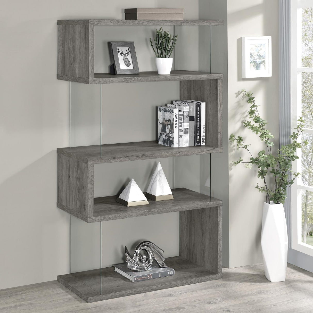 Emelle 4-Shelf Bookcase with Glass Panels