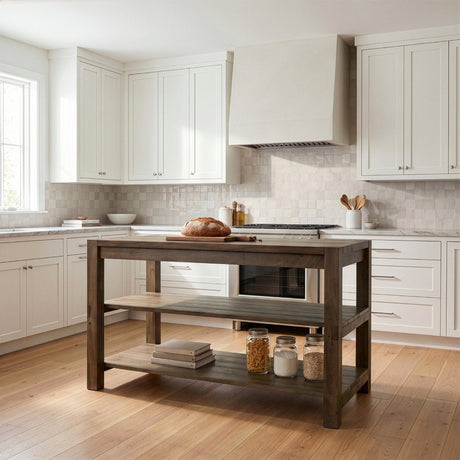 Emeril Brown Solid Wood Two-Tier Smooth Counter Top Kitchen Island by Mercana at Eve Furniture