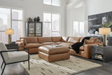 Emilia Caramel 5-Piece Leather Modular Sectional and Ottoman by Ashley at Eve Furniture