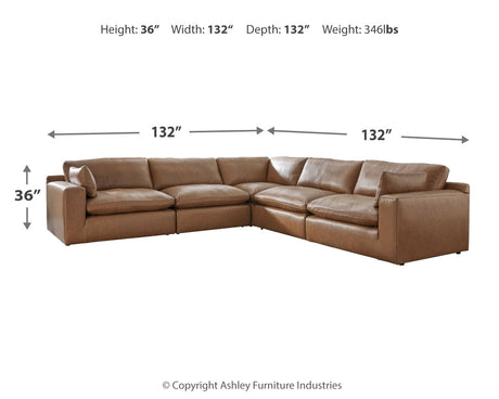 Emilia Caramel 5-Piece Leather Modular Sectional and Ottoman by Ashley at Eve Furniture