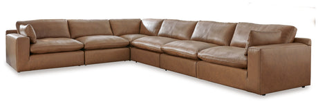 Emilia Caramel 6-Piece Leather Sectional with Ottoman in Caramel by Ashley at Eve Furniture