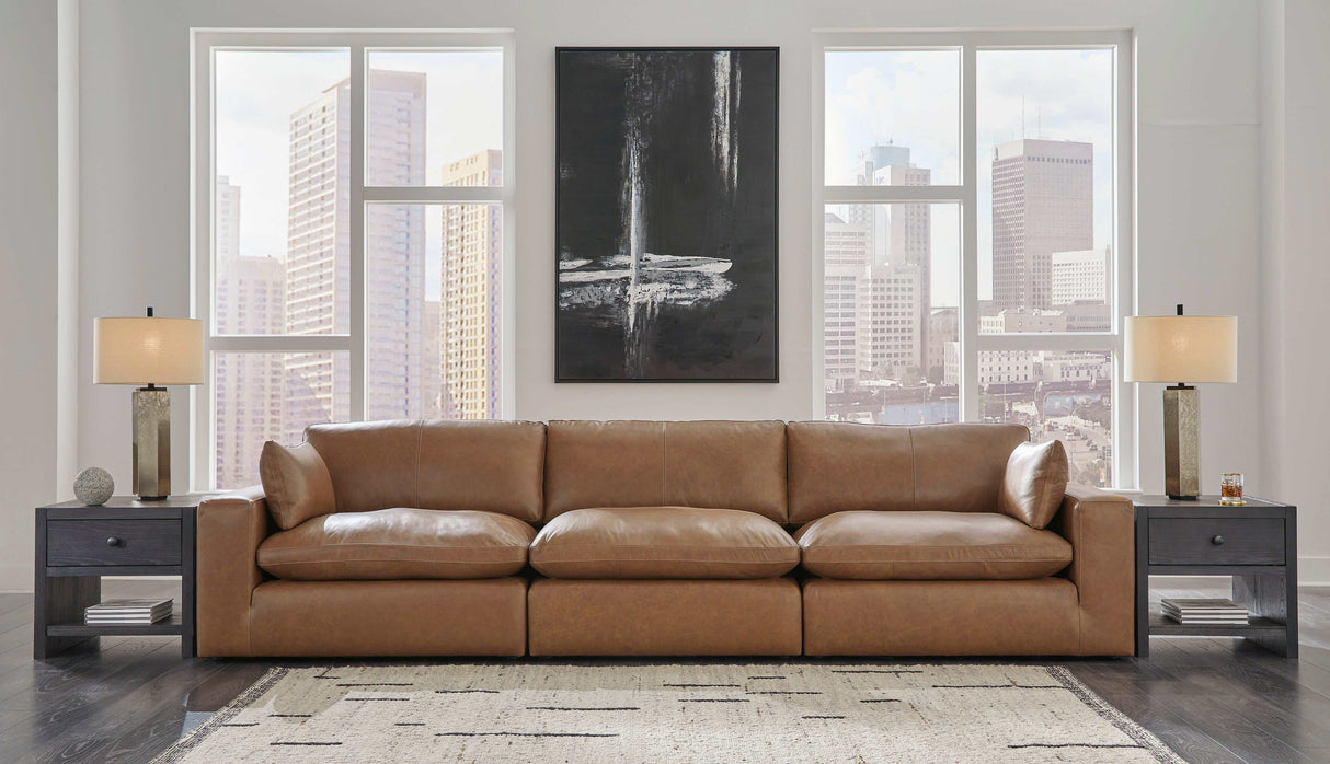 Emilia Caramel Leather Modular Sofa and Loveseat by Ashley at Eve Furniture