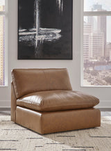 Emilia Caramel Leather Armless Chair by Ashley at Eve Furniture