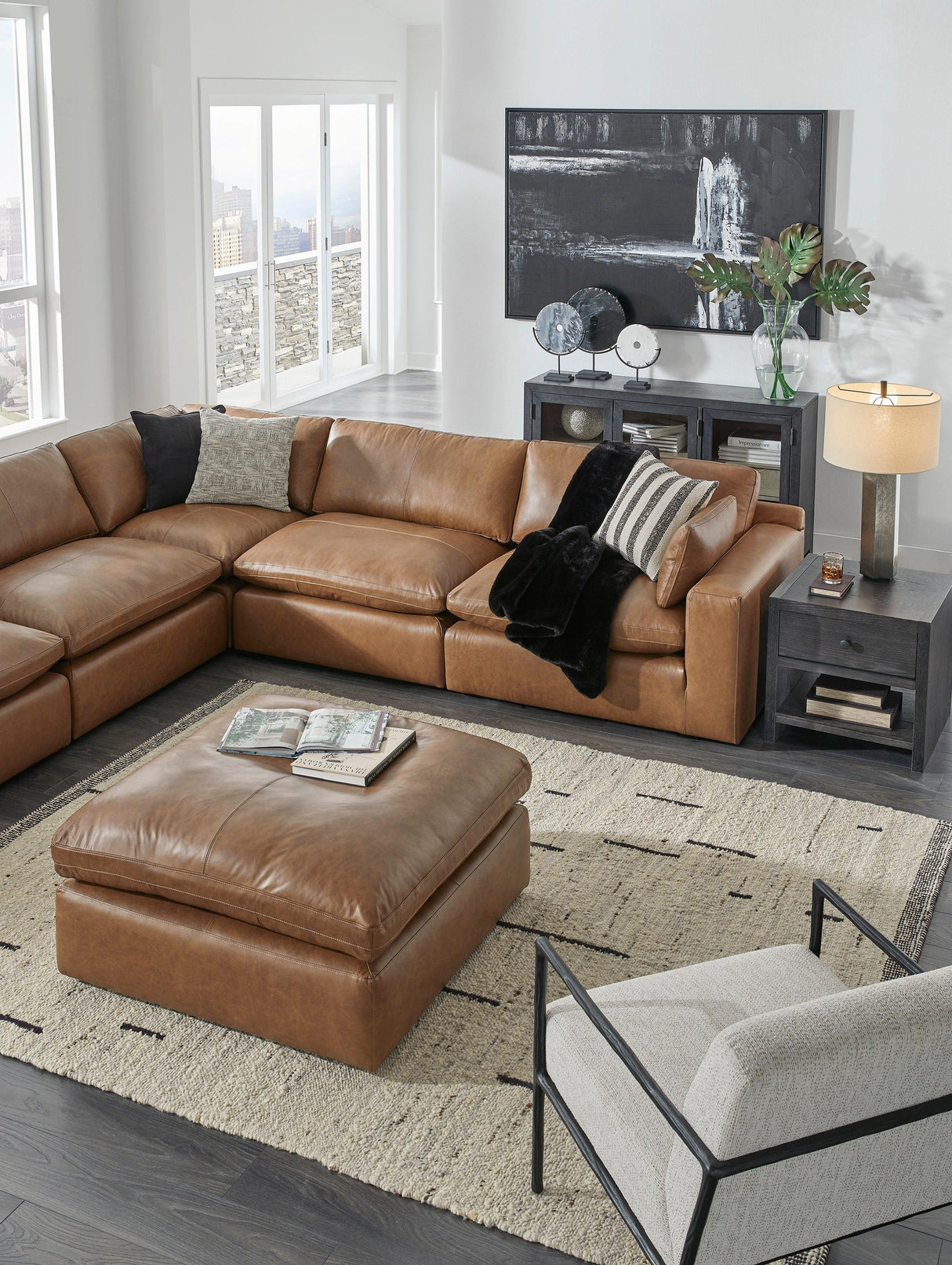 Emilia Caramel Leather 7-Piece Modular Sectional by Ashley at Eve Furniture
