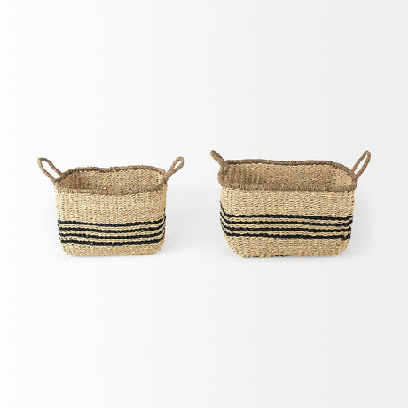 Emma (Set of 2) Light Brown Seagrass Rectangular Basket W/ Black Stripes by Mercana at Eve Furniture