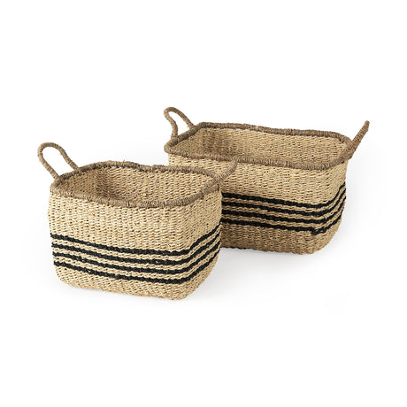 Emma (Set of 2) Light Brown Seagrass Rectangular Basket W/ Black Stripes by Mercana at Eve Furniture