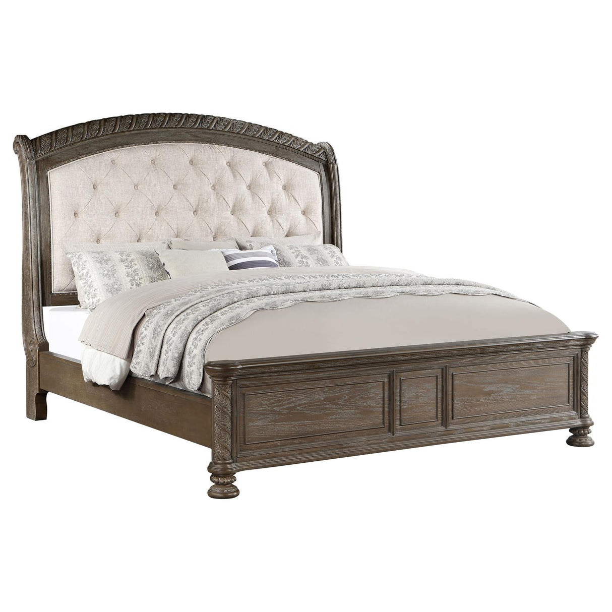 Emmett Tufted Headboard California King Panel Bed Walnut and Beige