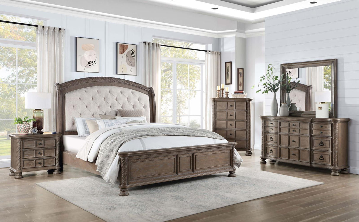 Emmett Tufted Headboard California King Panel Bed Walnut and Beige