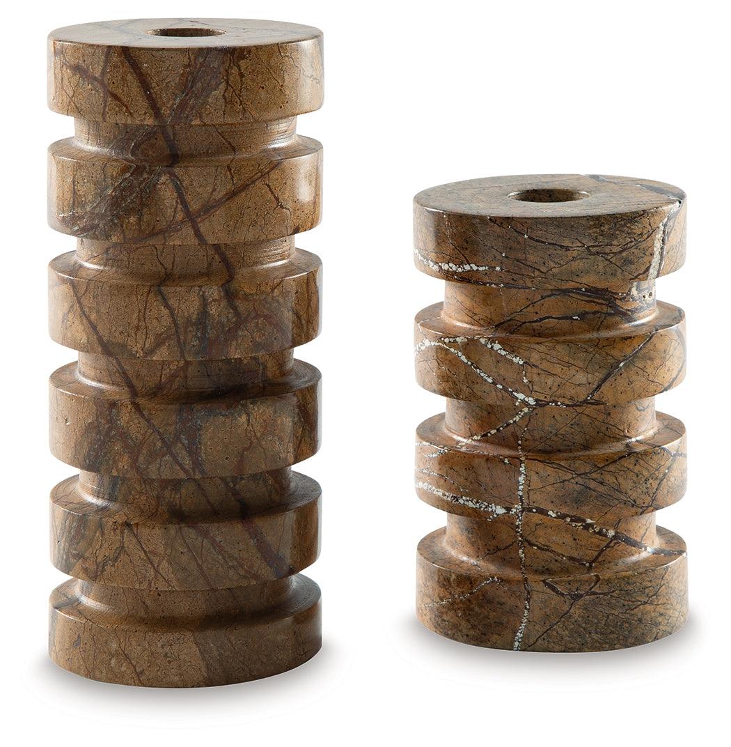 Emsleyfield Tan Candle Holder Set (Set of 2) by Ashley at Eve Furniture