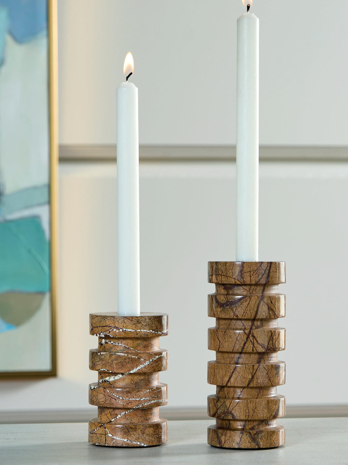 Emsleyfield Tan Candle Holder Set (Set of 2) by Ashley at Eve Furniture
