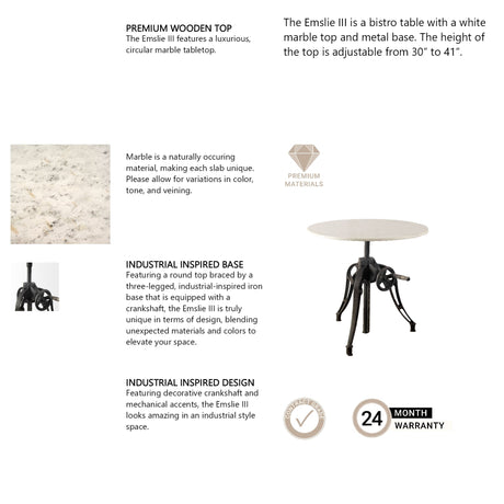Emslie III Round White Marble Top Black Metal Base Dining Table by Mercana at Eve Furniture