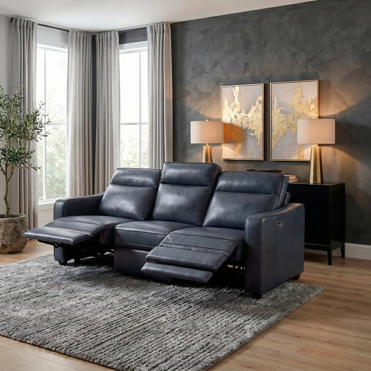 Equinox Navy Power Double Reclining Sofa with Curved Track Arms by Homelegance at Eve Furniture