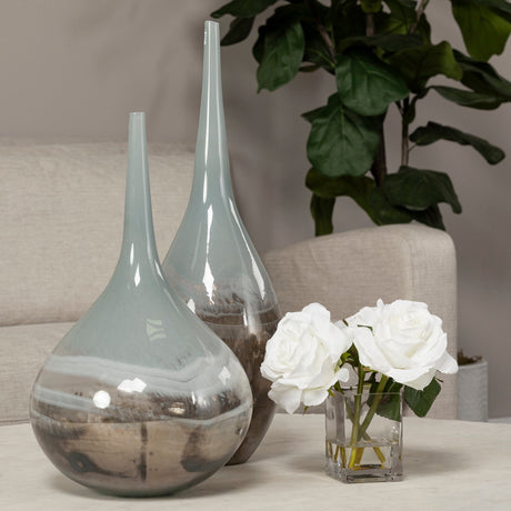 Erie II Tall Two Toned Sky Blue Dark Brown Blown Glass Vase by Mercana at Eve Furniture