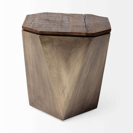 Esagono Octagonal Gold Metal-Clad Reclaimed Wood End/Side Table w/ Storage by Mercana at Eve Furniture